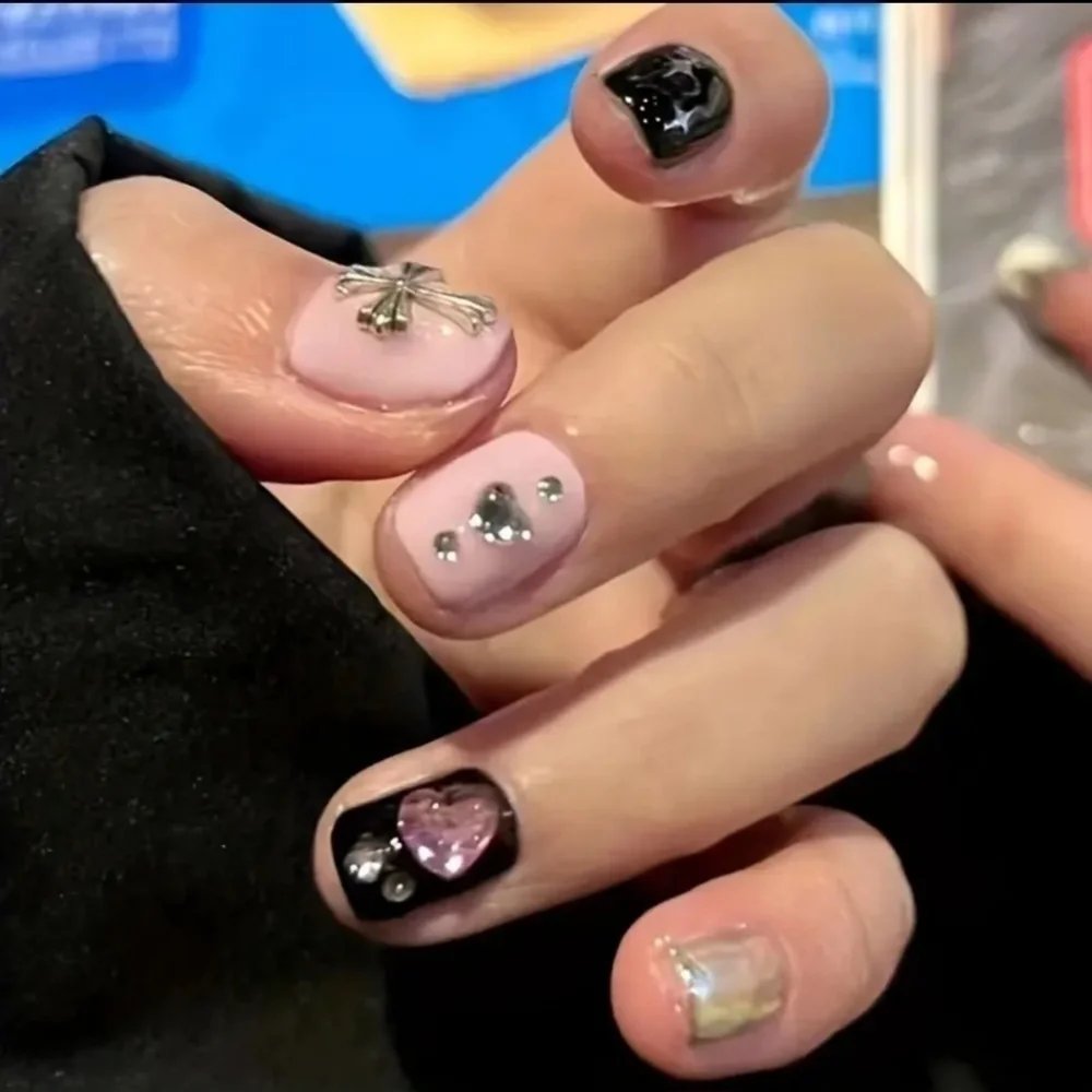 3D Cross Rhinestone Hearts Press On Nails